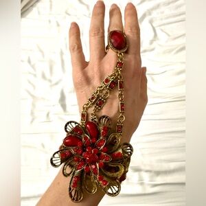 Vintage medium weight Elegant Red and Gold Floral Hand Jewelry bracelet